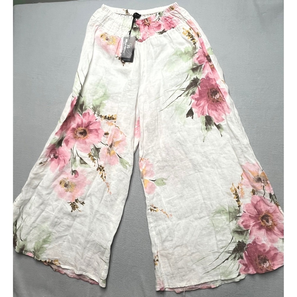 Bella Amore Italy Floral Wide Leg Pants White Pink L/XL Style 5201 NWT